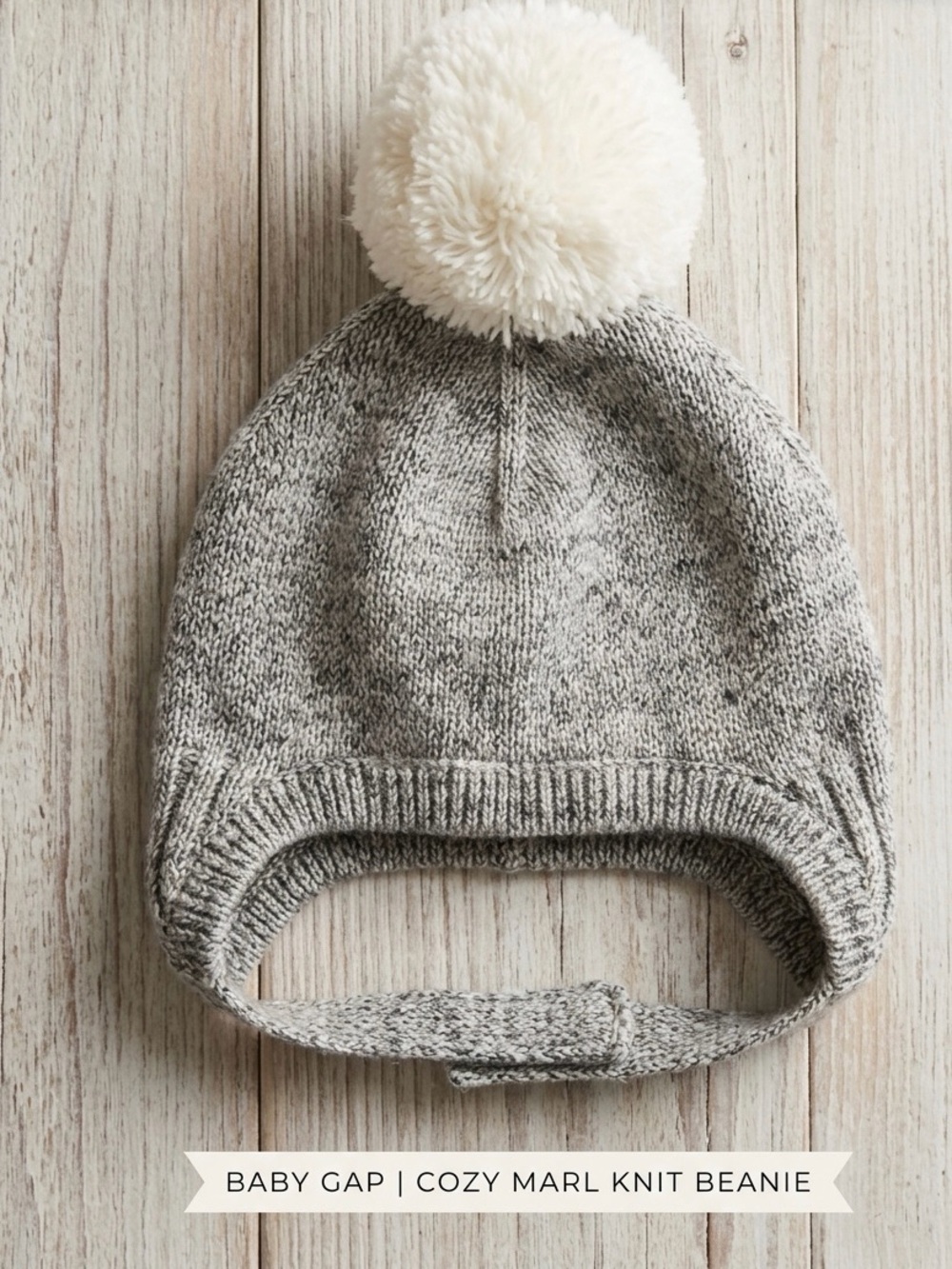 Baby GAP Cozy Marl Knit Beanie with Pom in Light Gray and Cream